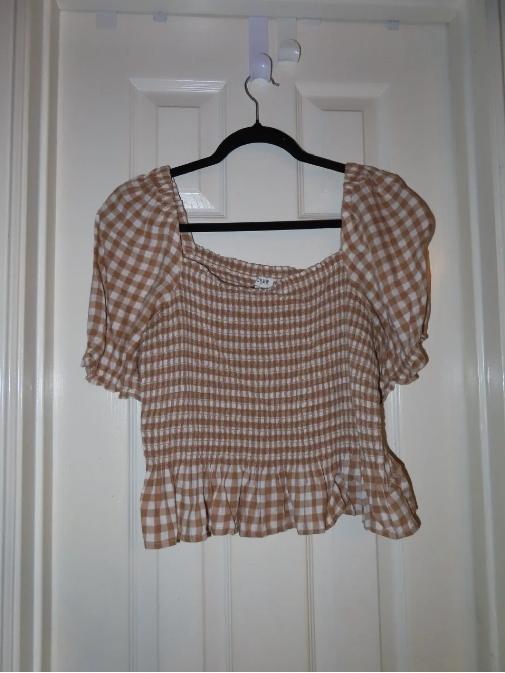 J. Crew Tan and White Gingham Smocked Puff-Sleeve Top